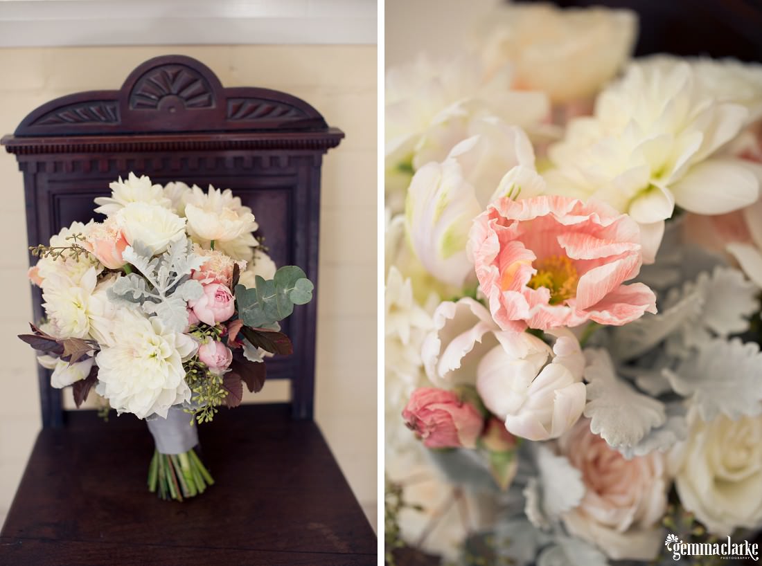 A bouquet of lightly coloured flowers on a wooden chair - Sandstone Sydney Wedding